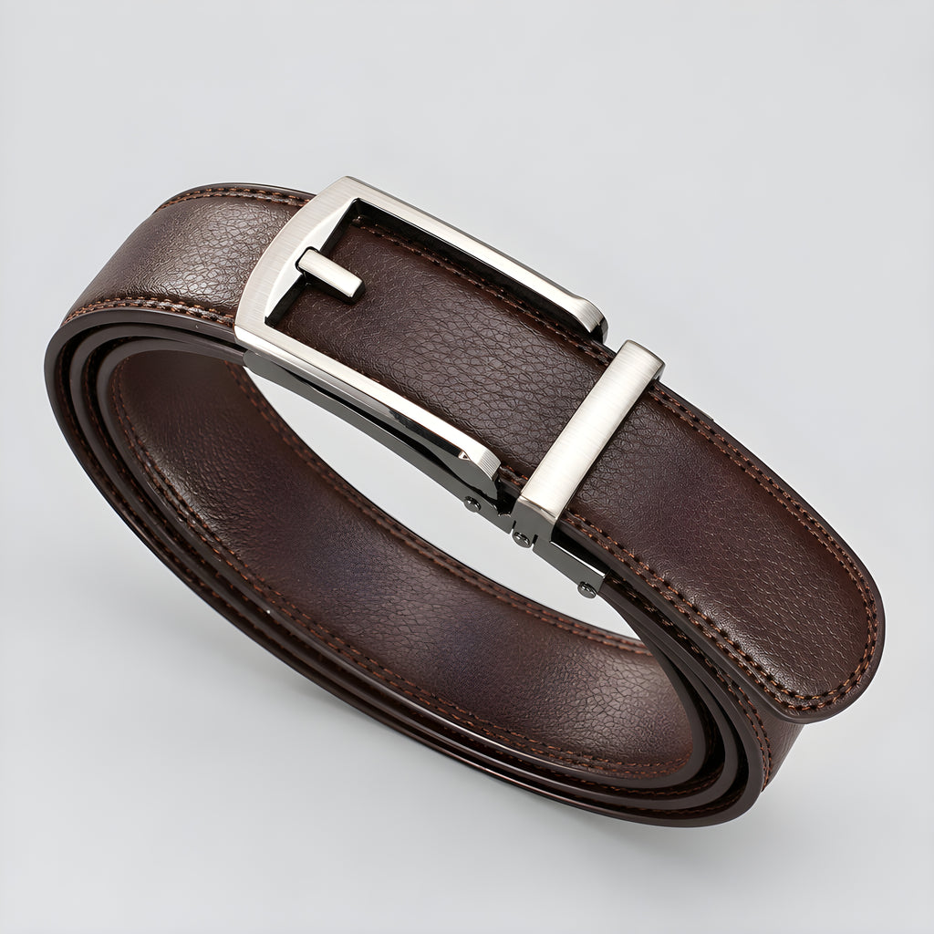 Walnut canvas utility belt with silver buckle and dark stitched leather strap