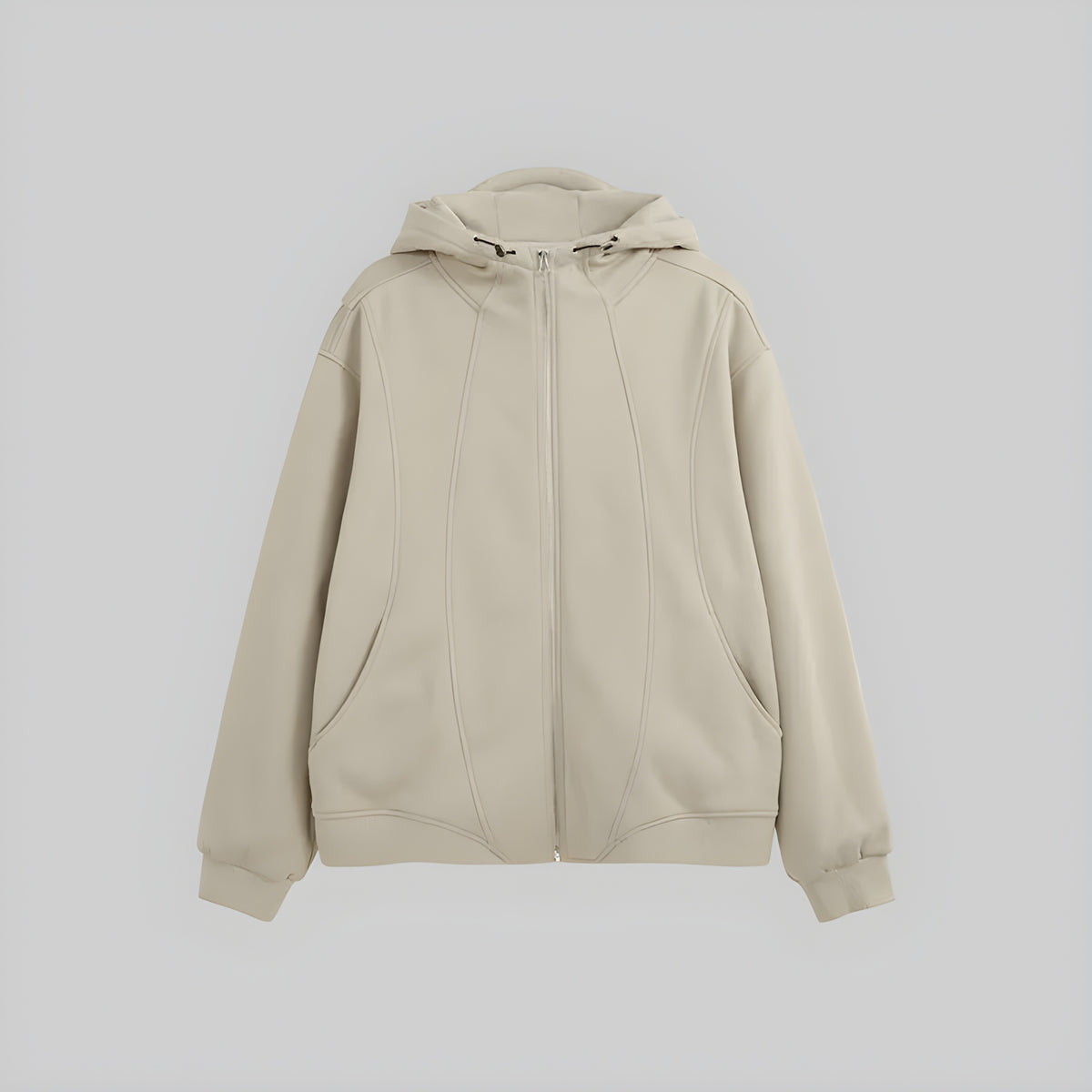 Stone zip-front hoodie with adjustable hood and stitched panel seams, front pocket