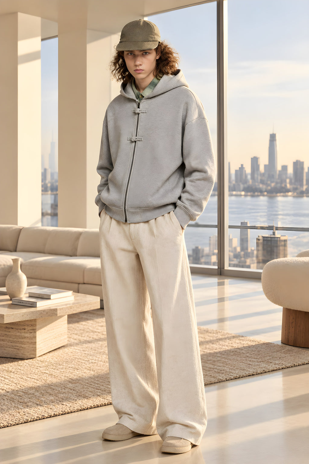 Fleece zip hoodie in ash gray with hood and front zipper, worn with light pants