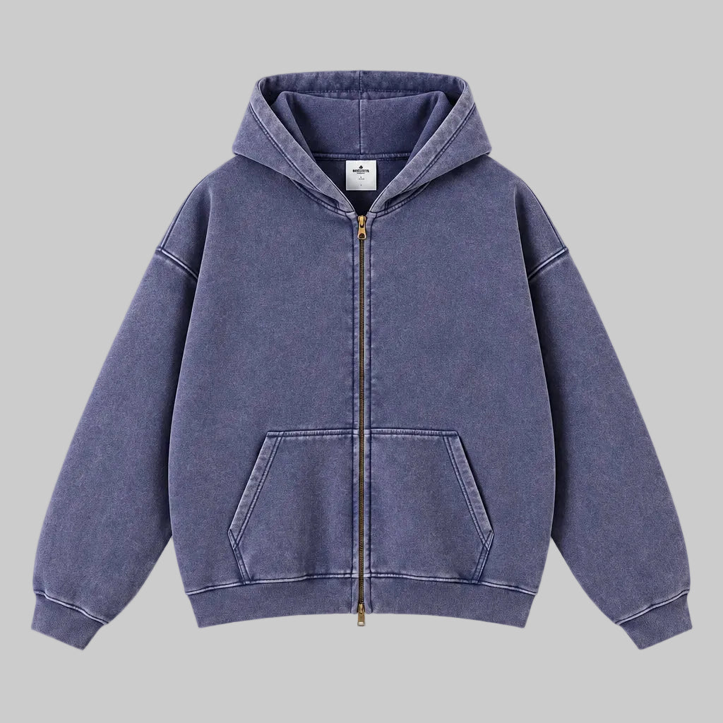 Lavender zip-through hoodie with hood, front zipper, and kangaroo pocket