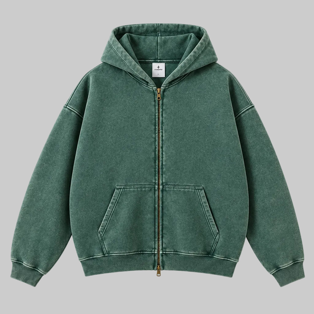 Forest zip-through hoodie with hood, front zipper, and kangaroo pocket