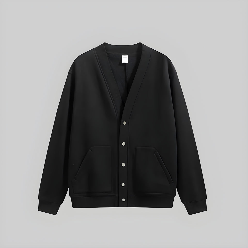 Obsidian cashmere cardigan hoodie sweater with button front, V-neck, and two pockets