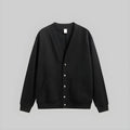 Obsidian cashmere cardigan hoodie sweater with button front, V-neck, and two pockets