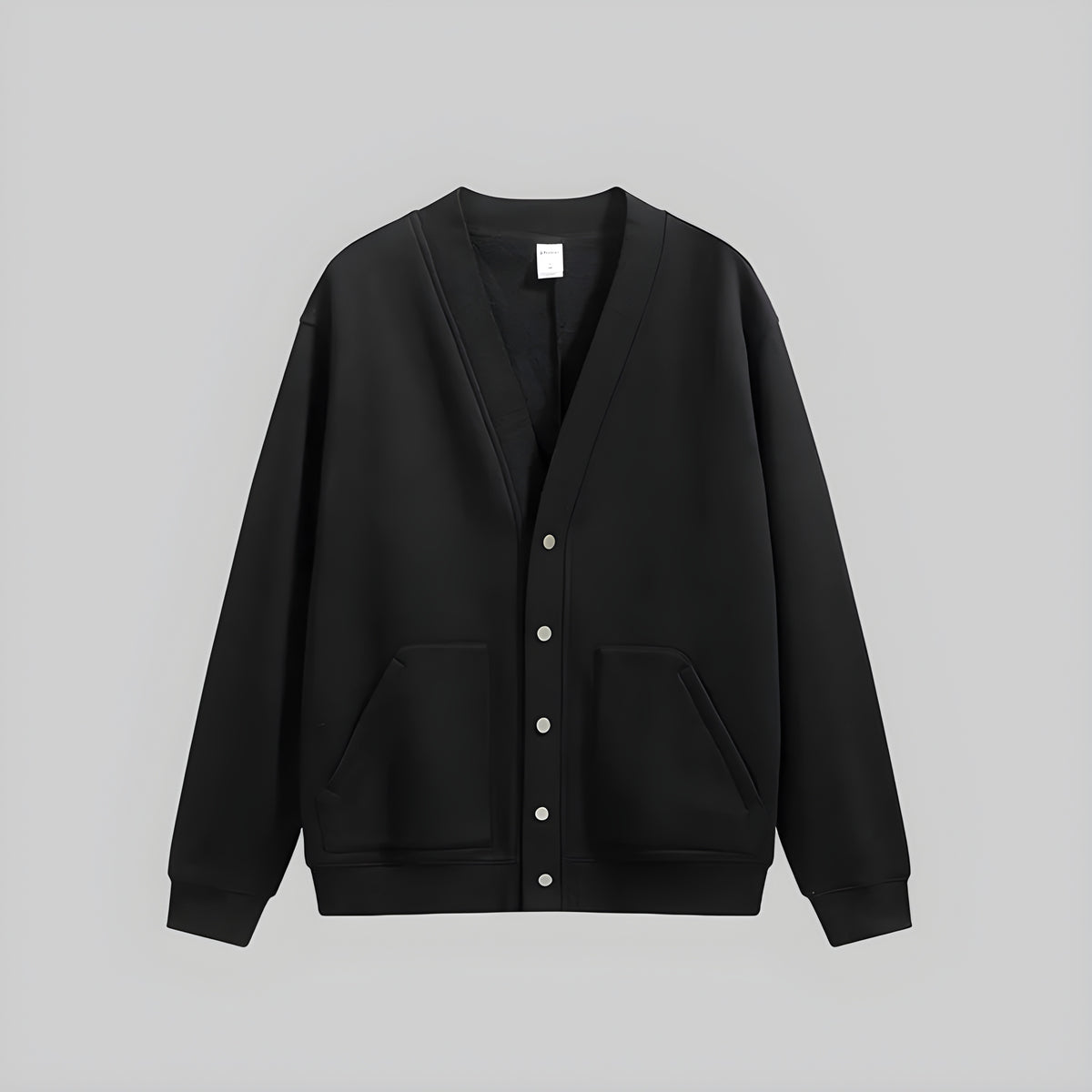 Obsidian cashmere cardigan hoodie sweater with button front, V-neck, and two pockets