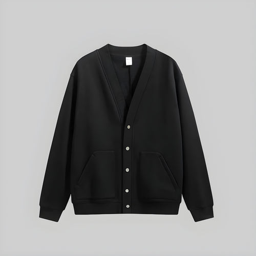 Obsidian cashmere cardigan hoodie sweater with button front, V-neck, and two pockets