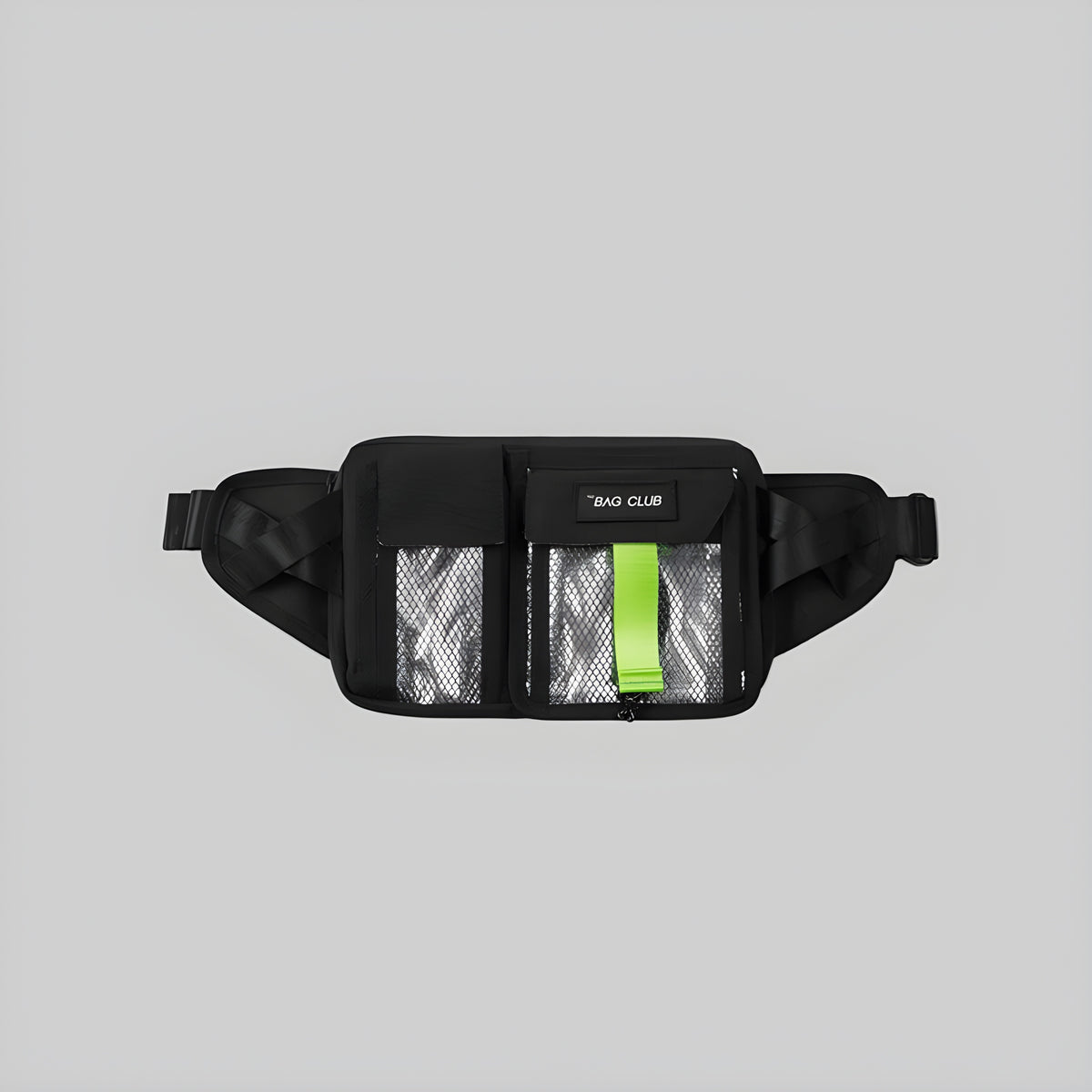 Black clear-panel waist bag with zippered front pocket and green center strap