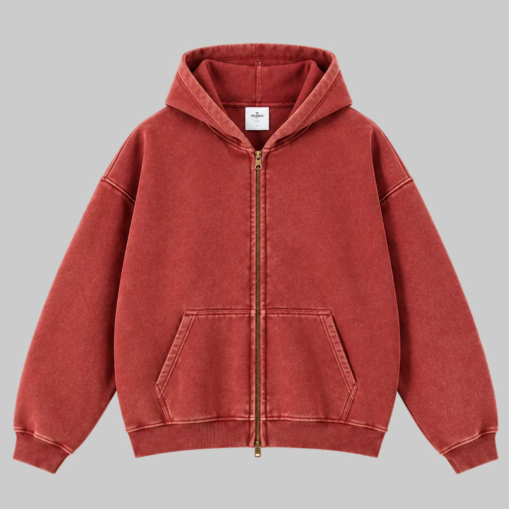 Terracotta zip-through hoodie with hood, front zipper, and kangaroo pocket