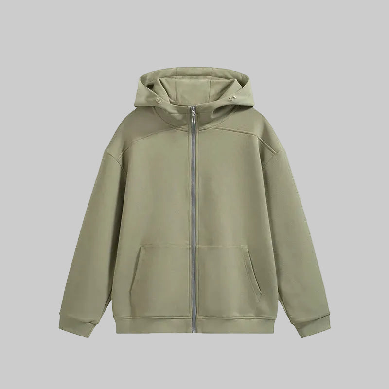 Sage green zip-front fleece hoodie with hood, full-length zipper, and front pockets