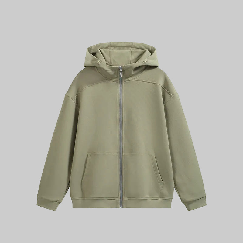 Sage green fleece zip-up hoodie with hood and full front zipper, front pockets