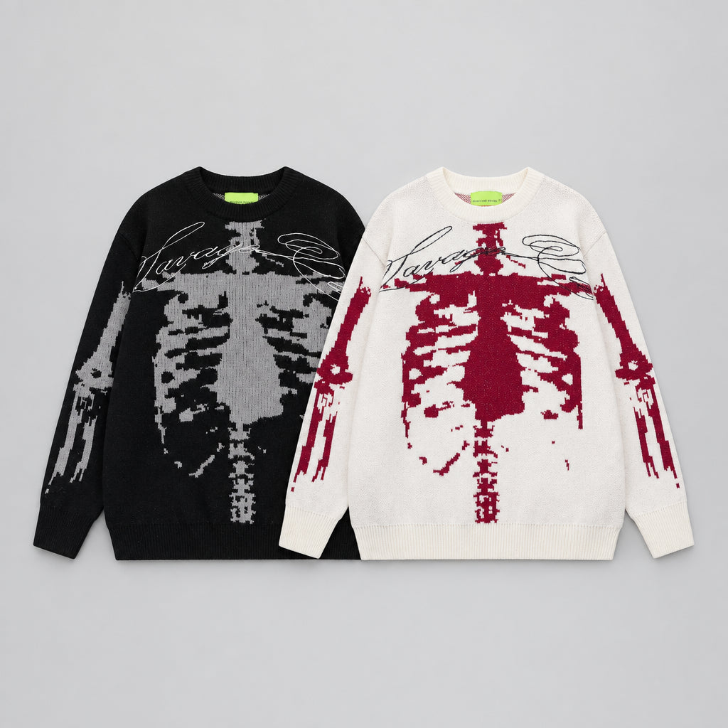 Skeleton jacquard knit sweaters: black with white skeleton, cream with dark skeleton