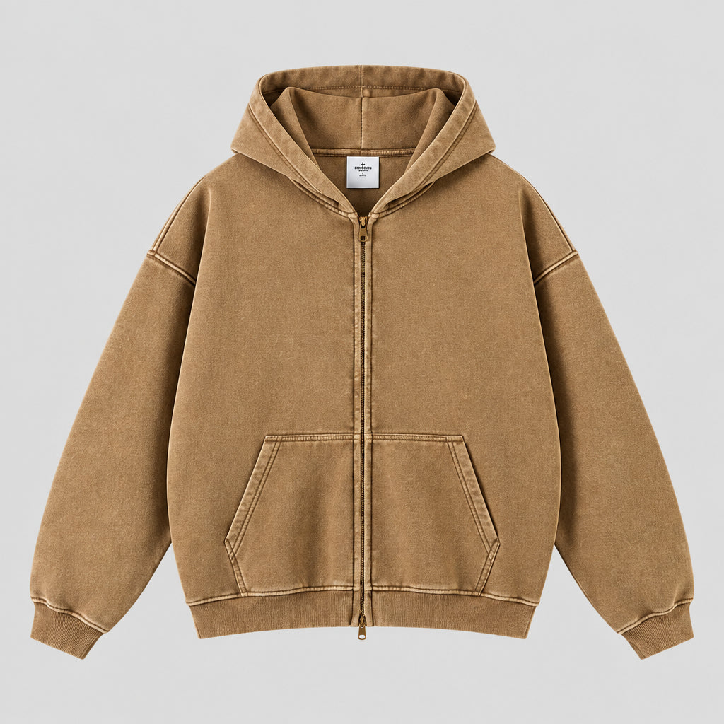 Camel zip-through hoodie with hood, front zipper, and kangaroo pocket