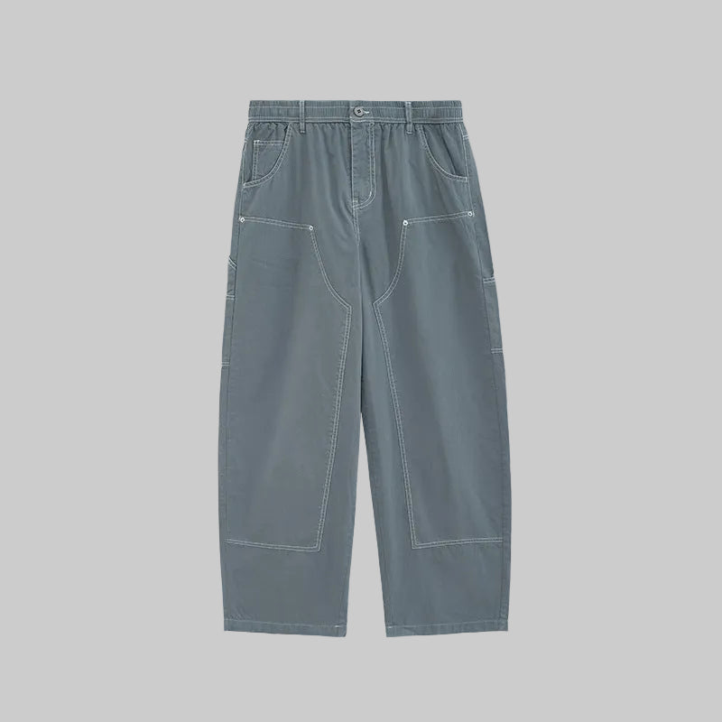 Washed cargo trousers with multiple pockets, wide leg, slate blue wash