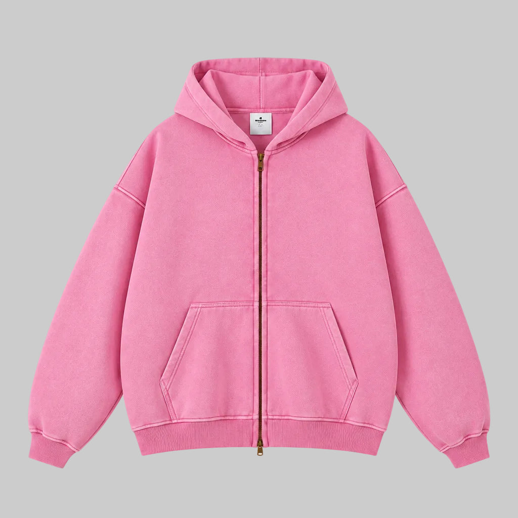 Blush zip-through hoodie with hood, front zipper, and kangaroo pocket