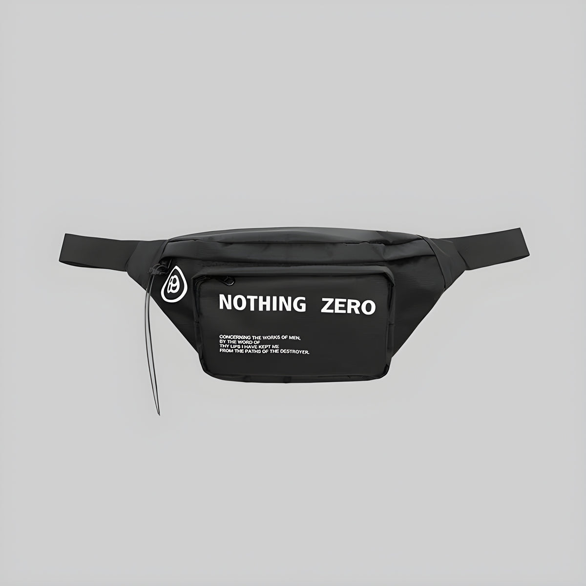 Black belt bag with front zip pocket, round logo, and 'NOTHING ZERO' text