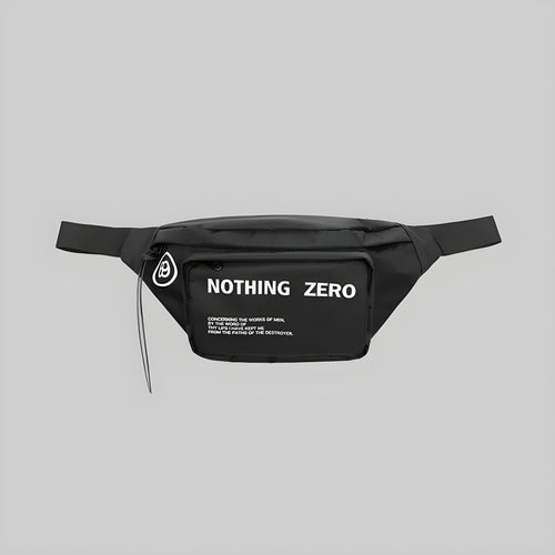 Black belt bag with front zip pocket, round logo, and 'NOTHING ZERO' text