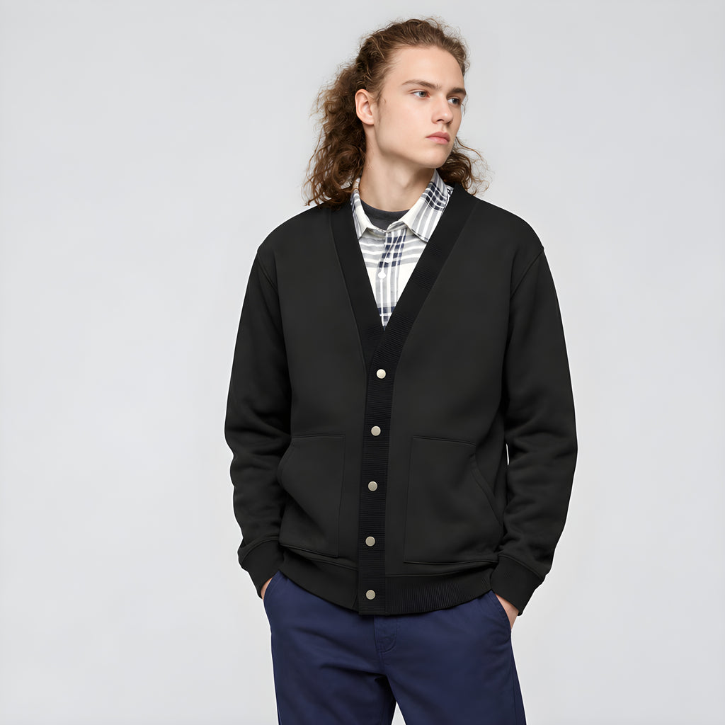 Obsidian cashmere cardigan hoodie with V-neck and button placket; ribbed cuffs and hem