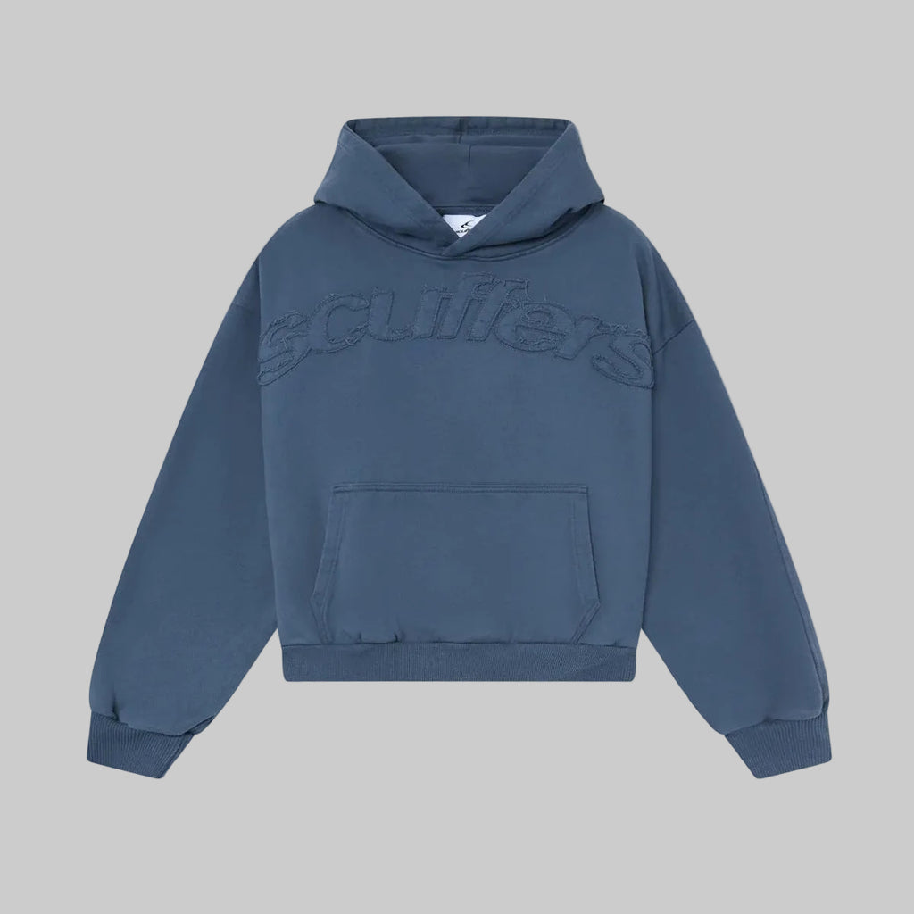 Indigo pullover hoodie with embossed lettermark logo, front pocket, and hood