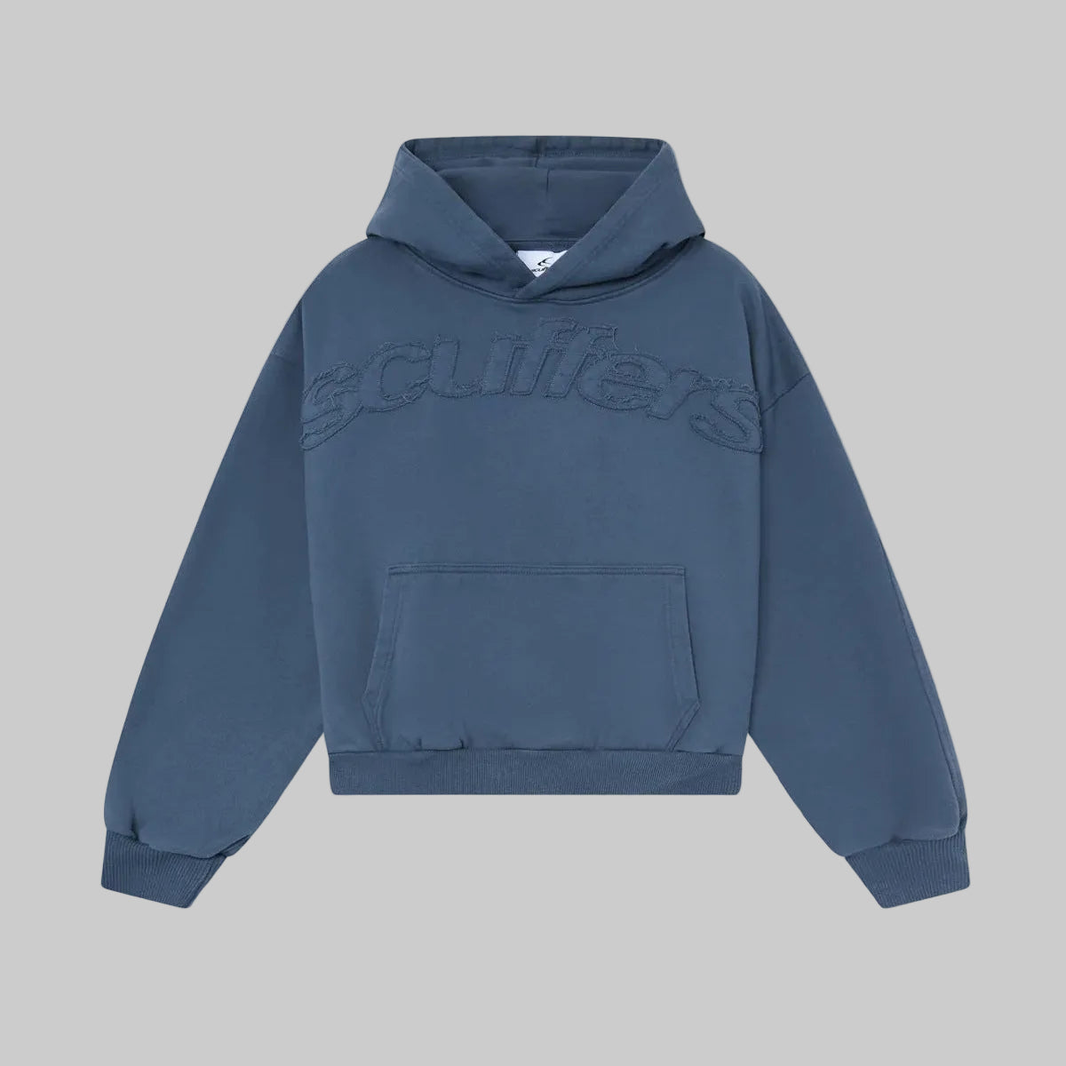 Indigo pullover hoodie with embossed lettermark logo, front pocket, and hood
