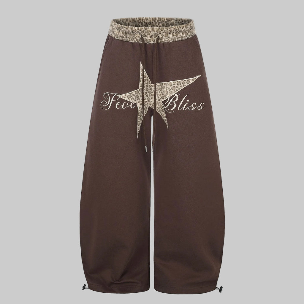 Mocha embroidered curved trousers with drawstring waist and split star graphic