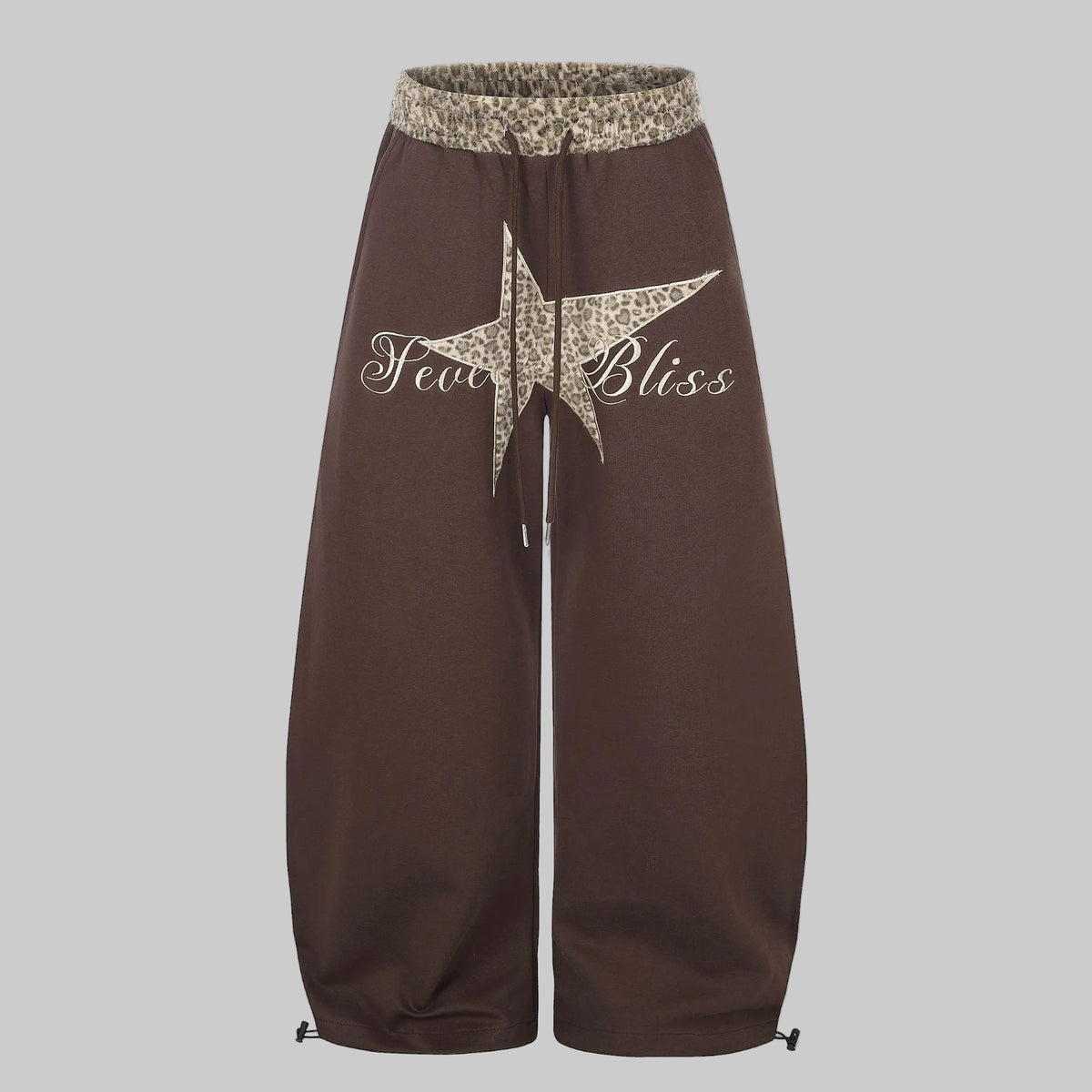 Mocha embroidered curved trousers with drawstring waist and split star graphic