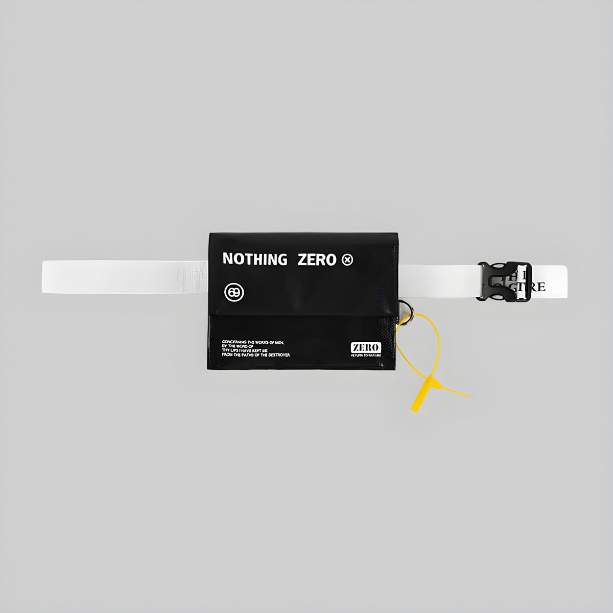 Black strap card pouch with front logo patch and adjustable strap