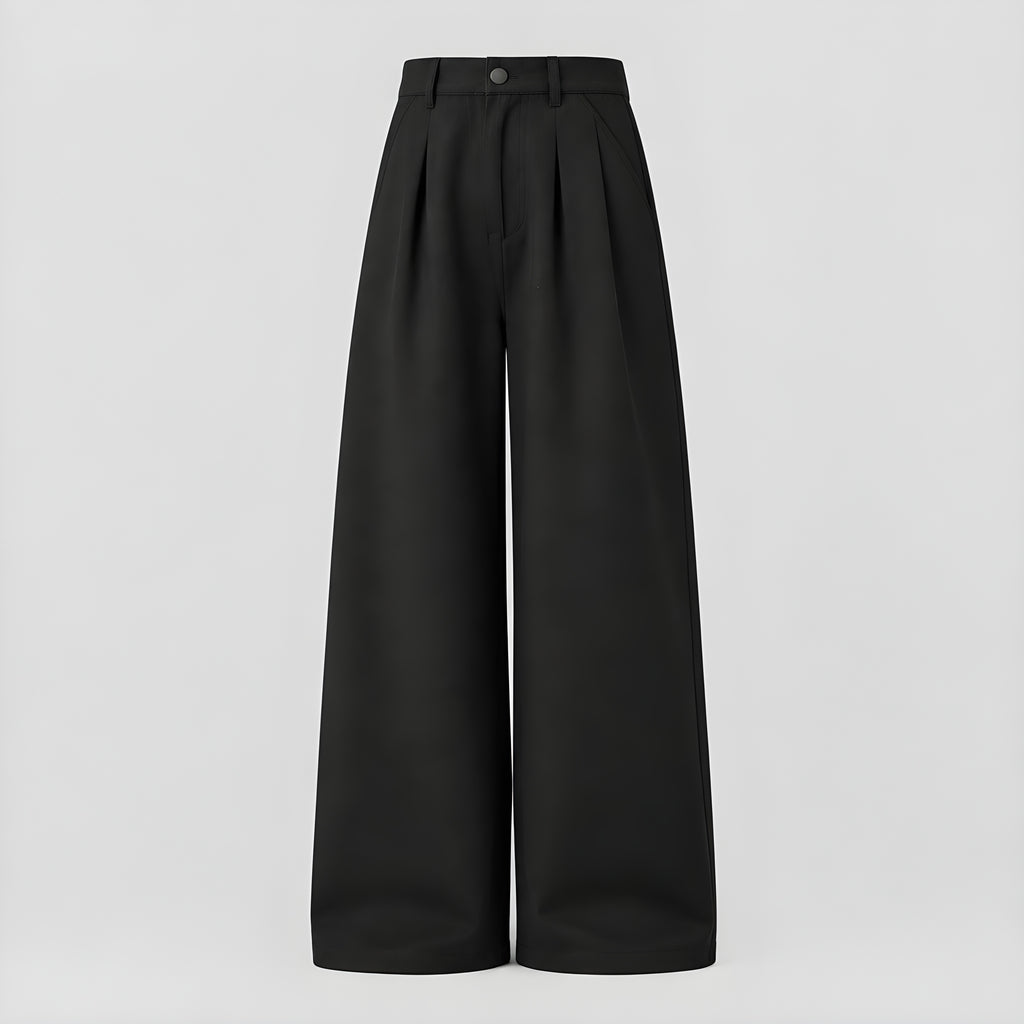 Black washed pleated wide-leg trousers with front pleats and buttoned waistband.