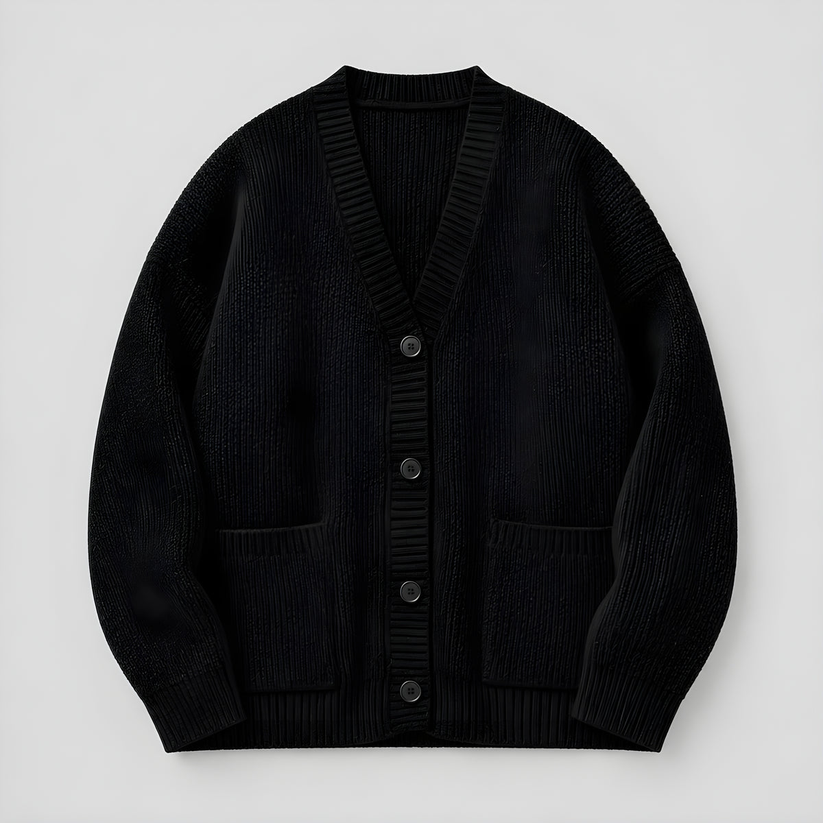 Obsidian black coarse-stitch cardigan, V-neck button front with patch pockets