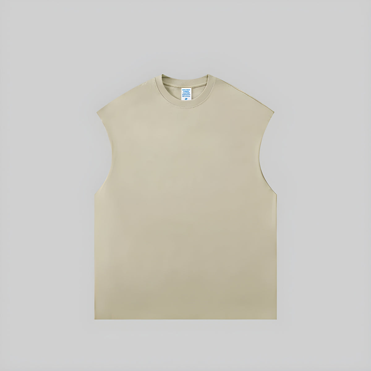 Light beige sleeveless vest with crew neck, heavyweight knit fabric.