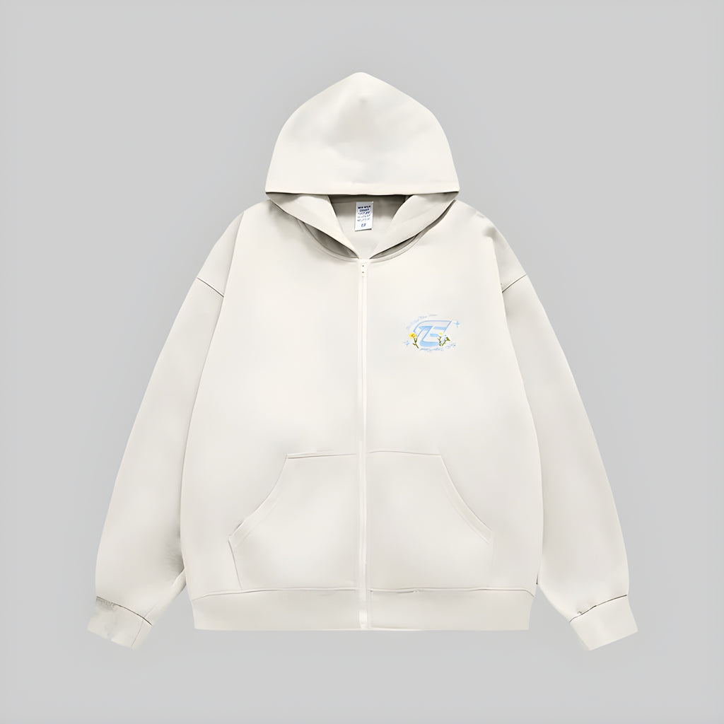 Ecru embroidered full-zip hoodie with hood and front kangaroo pockets
