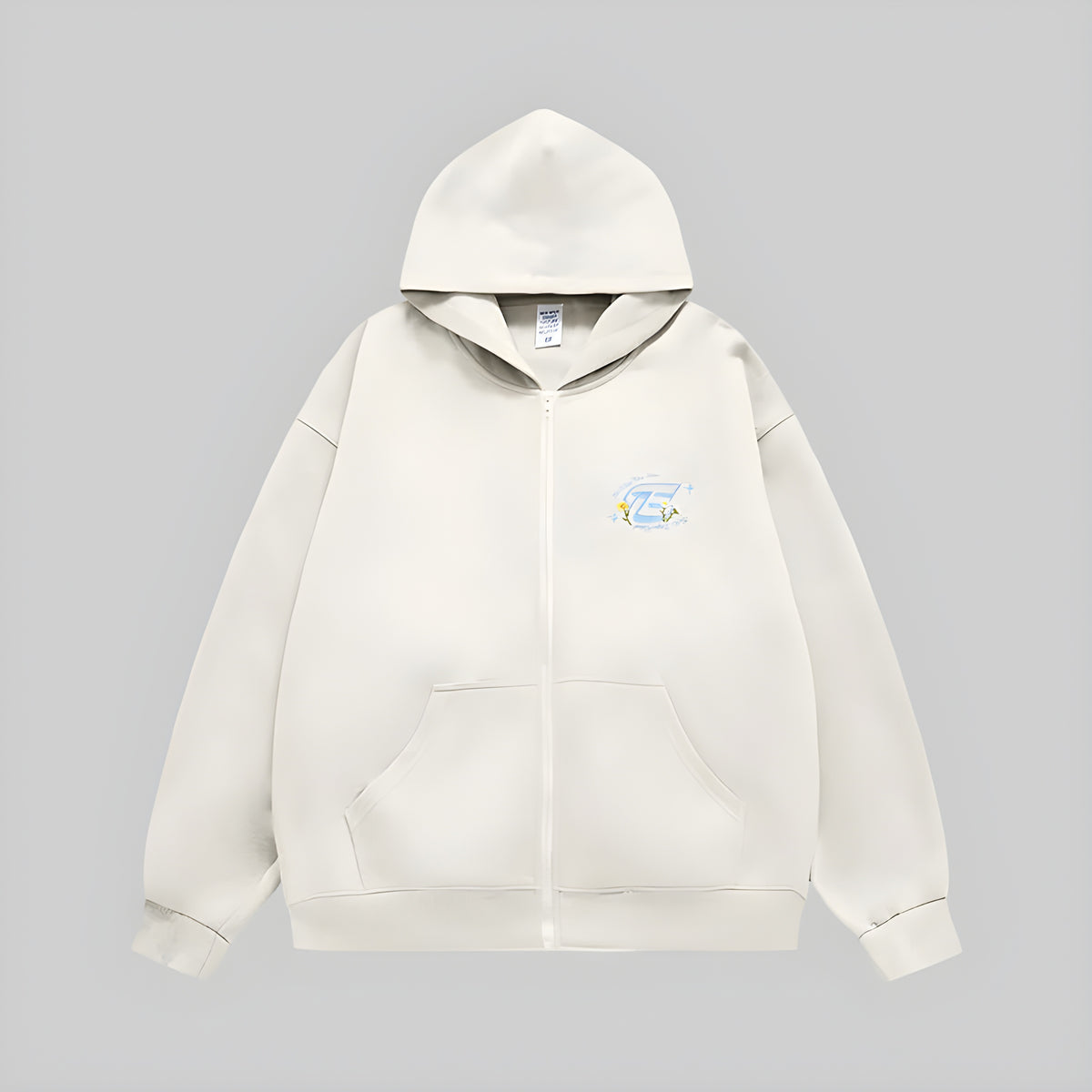 Ecru embroidered full-zip hoodie with hood and front kangaroo pockets