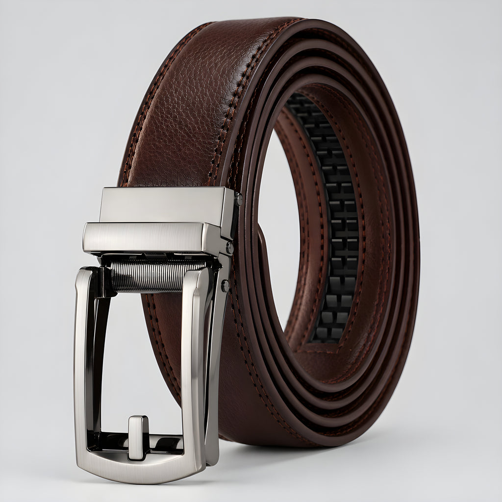 Walnut canvas utility belt with silver metal buckle and stitched brown strap
