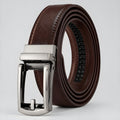 Walnut canvas utility belt with silver metal buckle and stitched brown strap