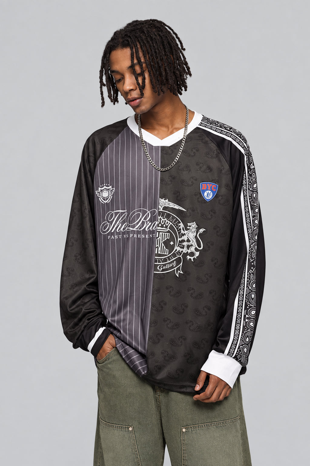 Long-sleeve patchwork print T-shirt, black with purple stripe panel and logo patches