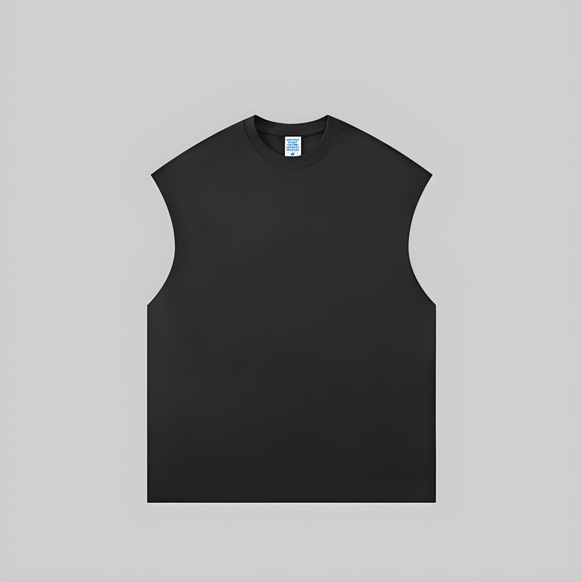 Black sleeveless vest with crew neck, heavyweight knit fabric.
