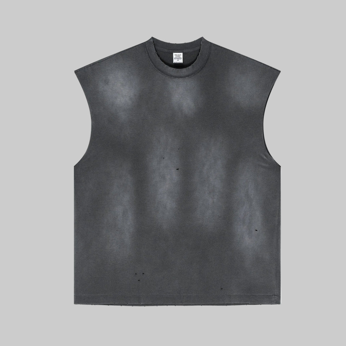 Charcoal distressed sleeveless tee with crew neck and light distress marks