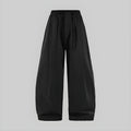 Dark linen wide-leg trousers with elastic waist, button front, pleated legs