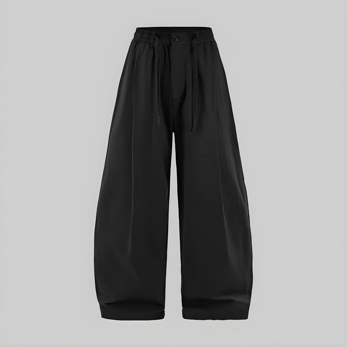 Dark linen wide-leg trousers with elastic waist, button front, pleated legs