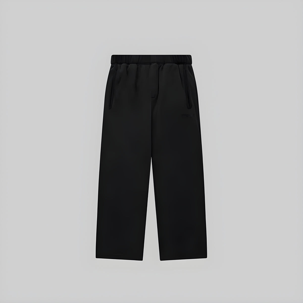 Black brushed wide-leg trousers with elastic waistband, drawstring, side pockets