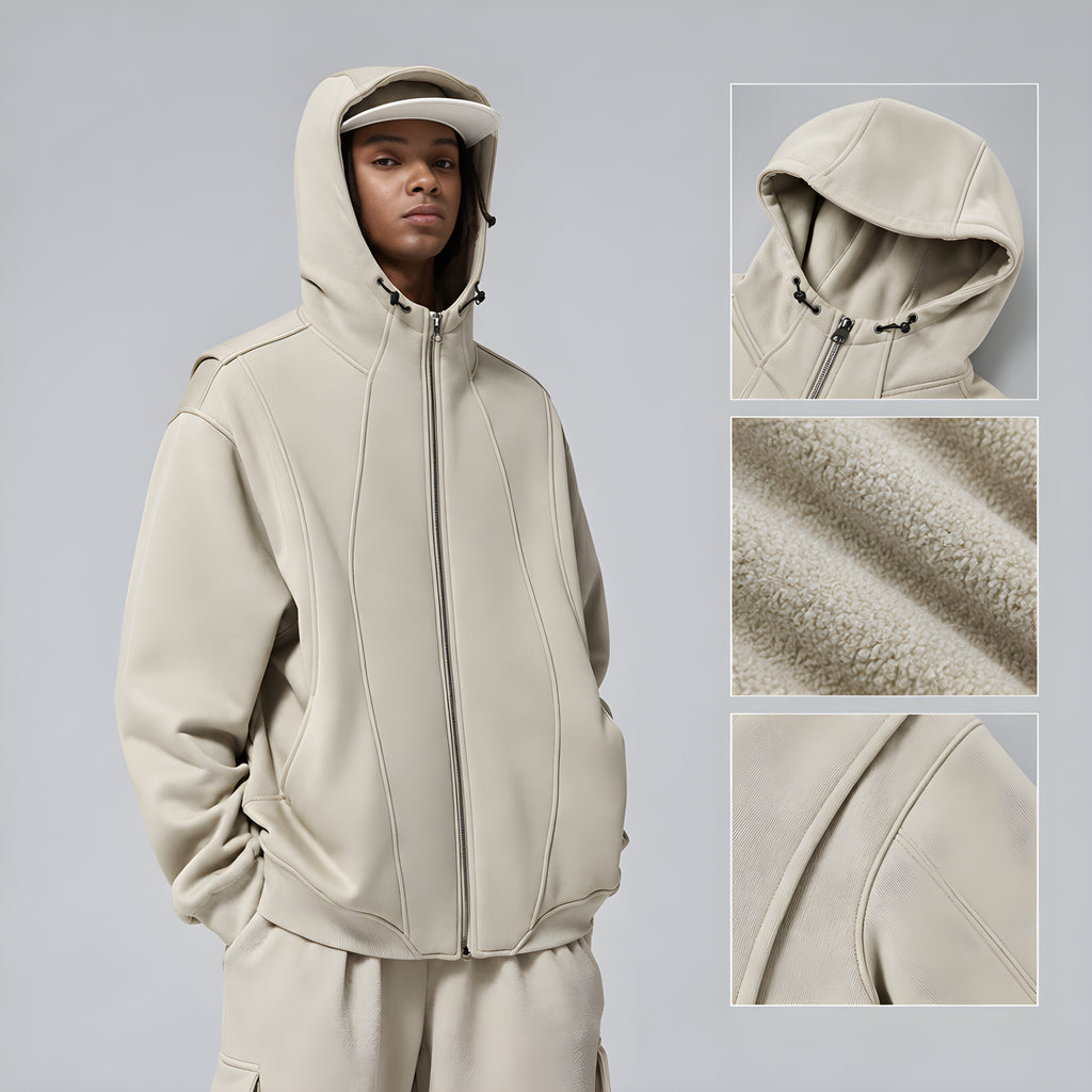 Stone zip-front hoodie with adjustable hood, drawstrings, and textured panel seams