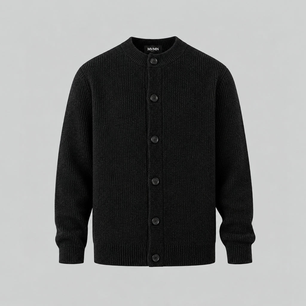 Obsidian textured merino cardigan with button placket and ribbed cuffs, studio front