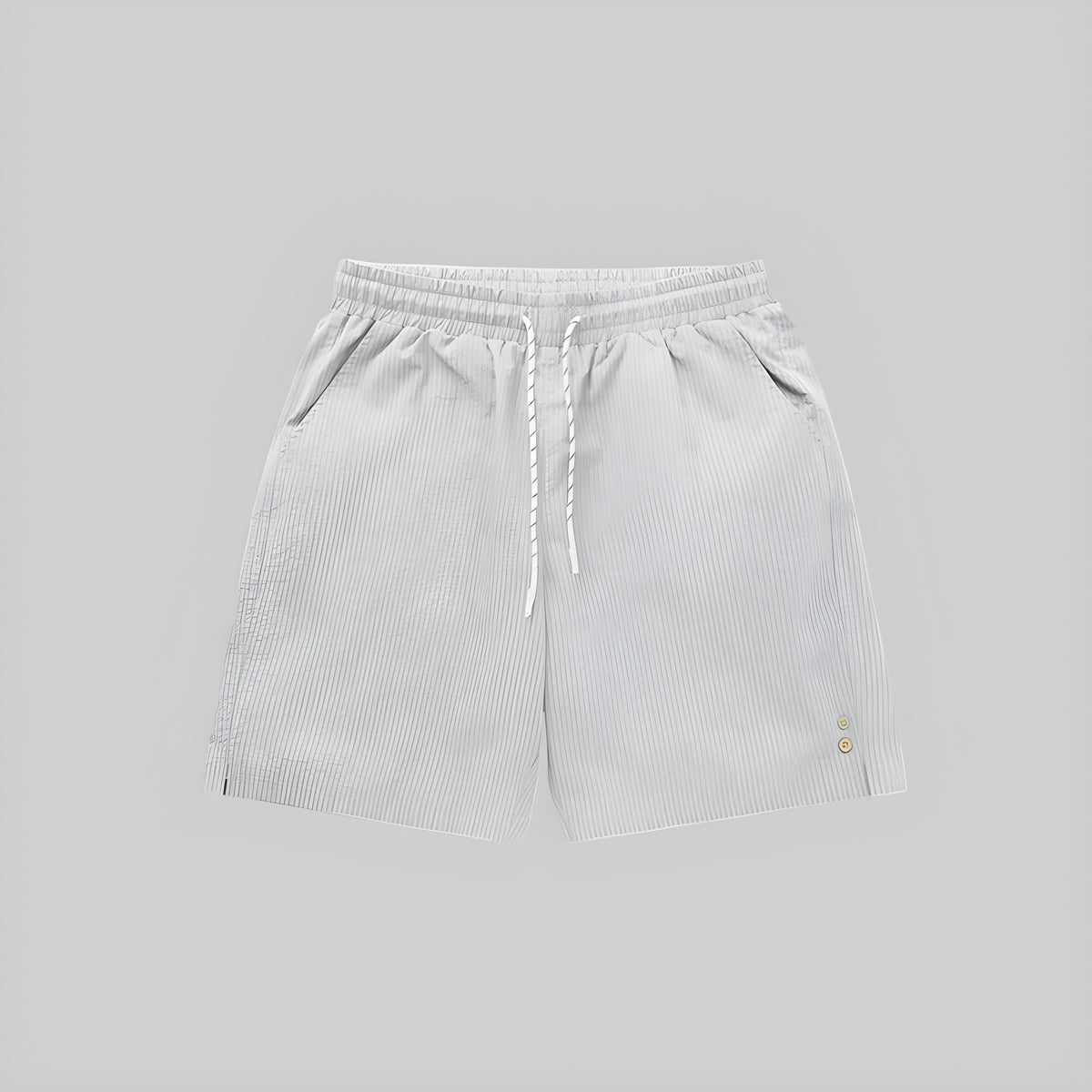 White seersucker shorts with elastic waistband and white drawstring; side button eyelet