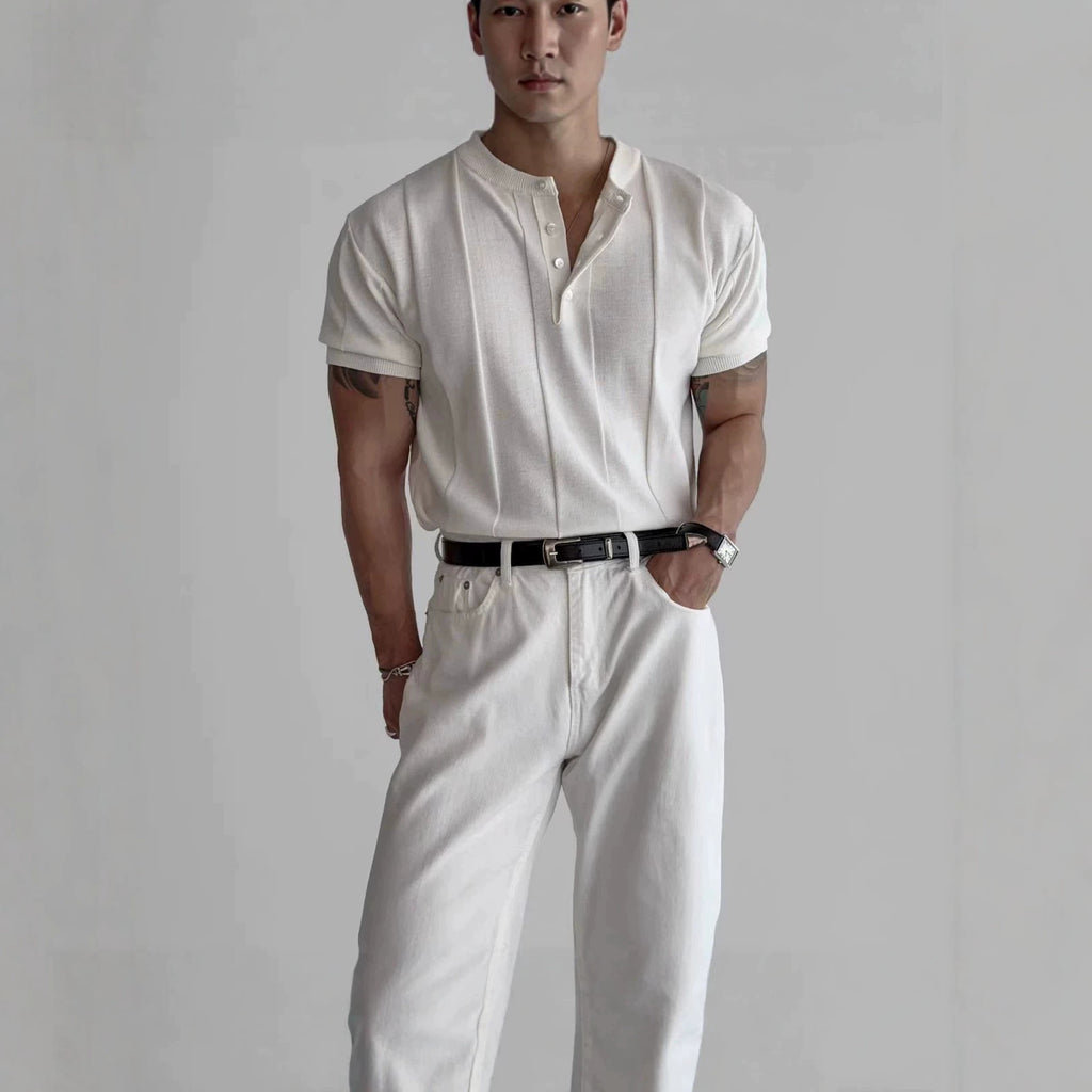 Ecru knit henley tee with three-button placket and short sleeves