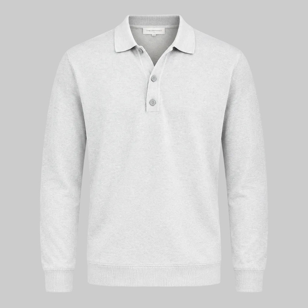 White long-sleeve V-neck polo sweater with button placket and ribbed cuffs