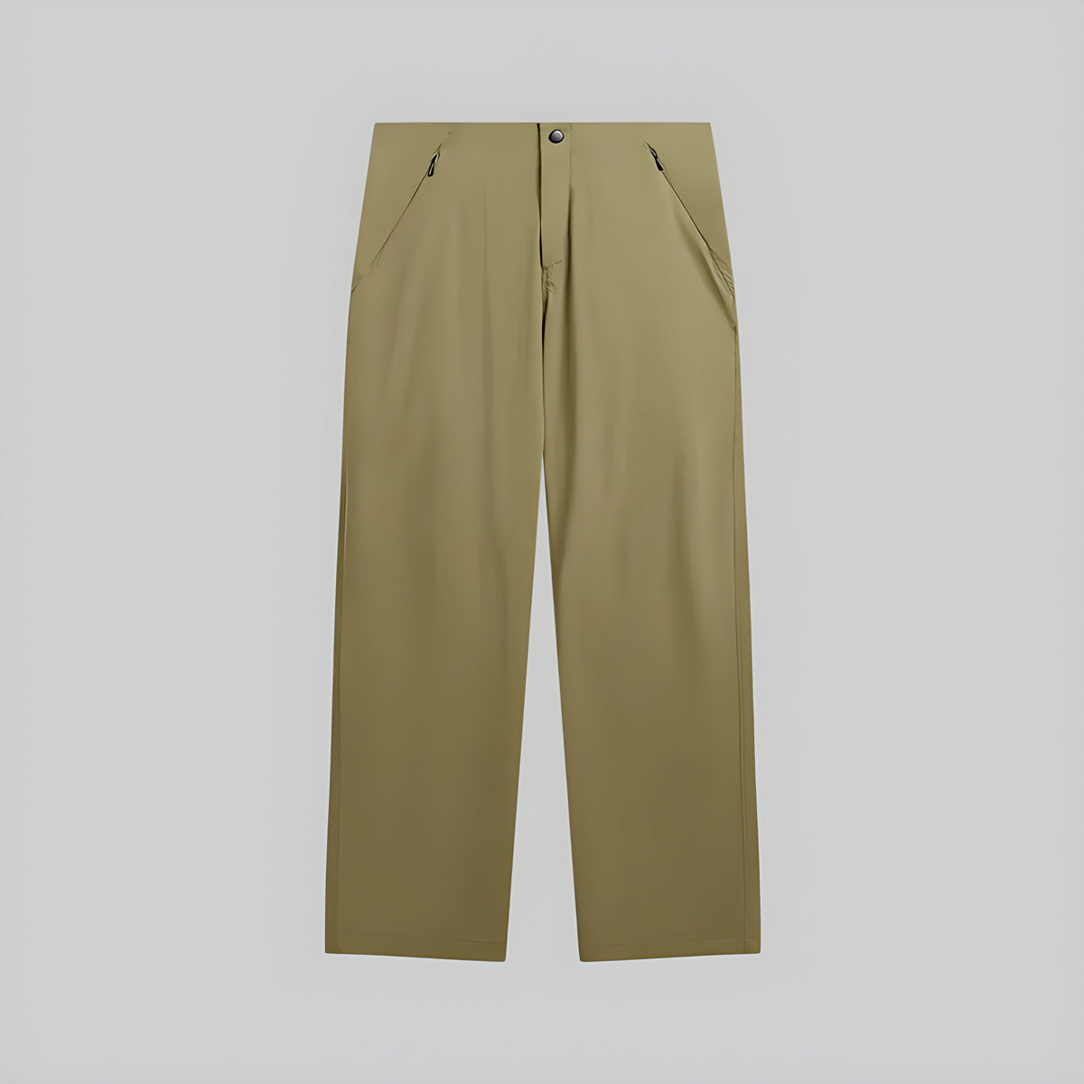 Khaki technical hiking trousers with button-and-drawstring waist and straight legs