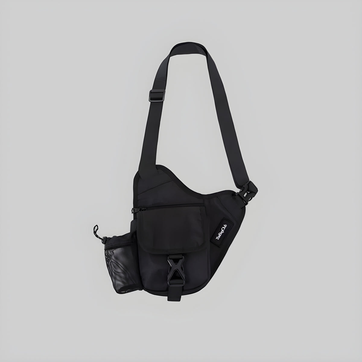 Black sling backpack with adjustable strap, front zip pocket and small side pouch