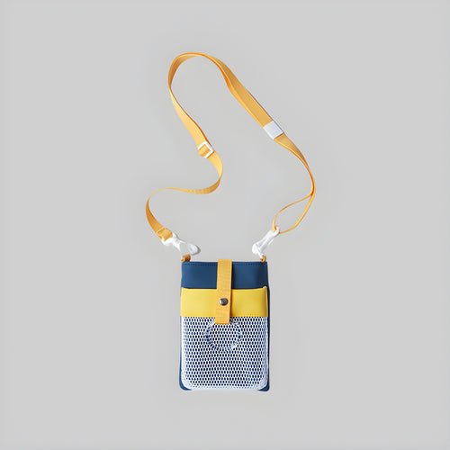 Color-block neck pouch, blue and yellow mesh front, adjustable strap