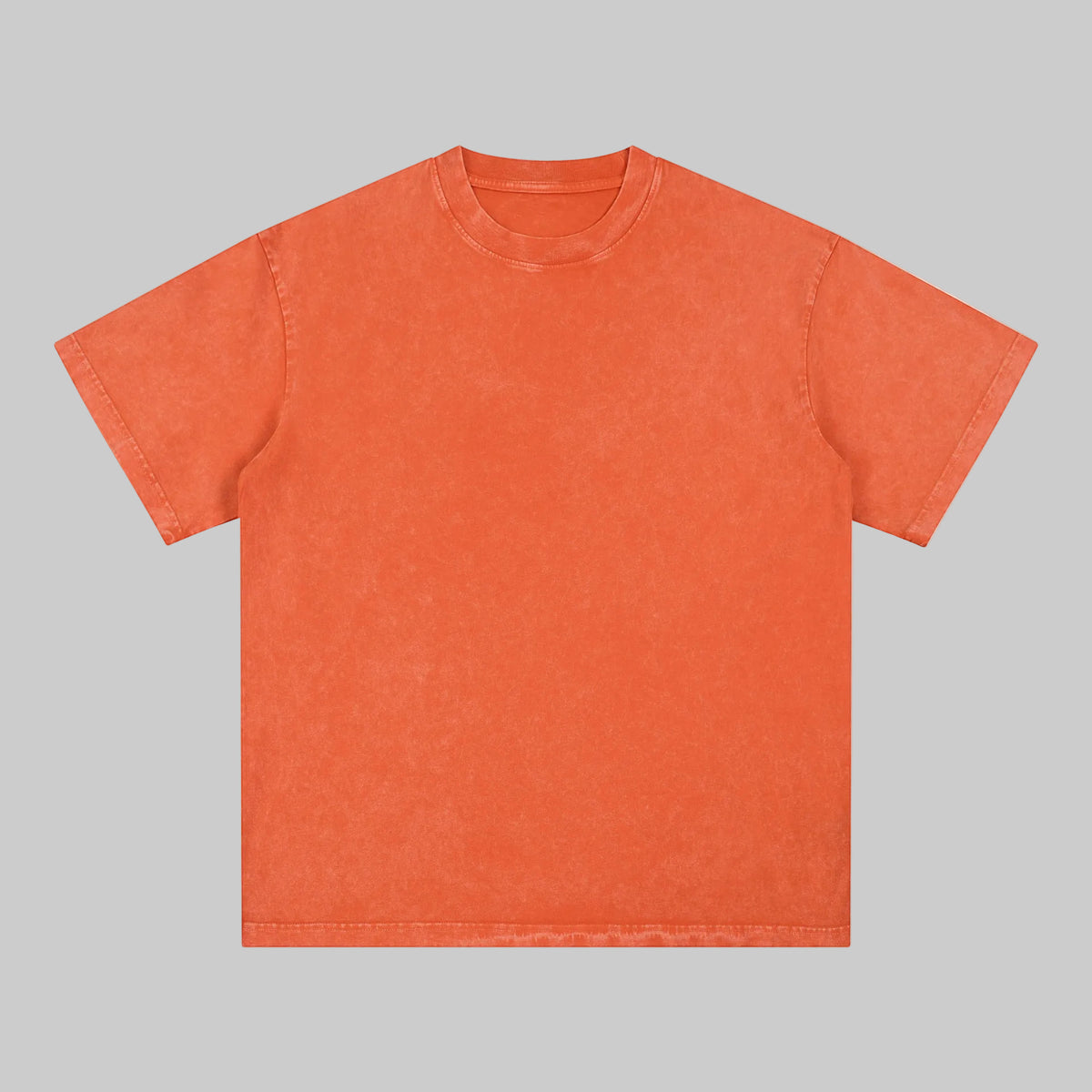 Distressed crew-neck tee in coral orange, short sleeves, plain front.