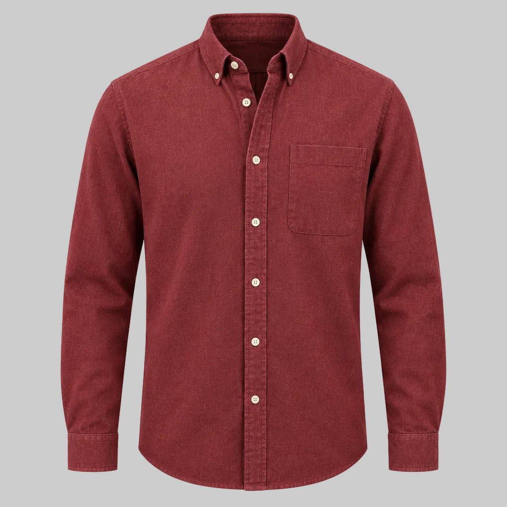 Burgundy long-sleeve lapel button-up shirt with chest pocket and button front.