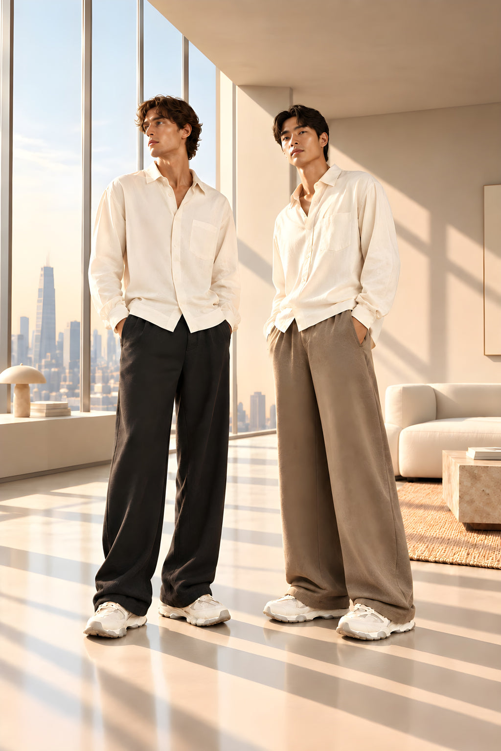 Black wide-leg brushed trousers on two models, elastic waist, side pockets, relaxed fit