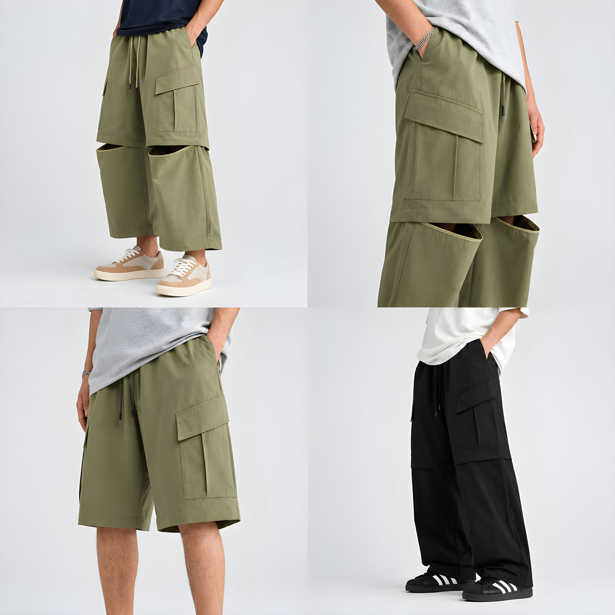 Olive detachable cargo trousers with flap cargo pockets and layered leg panels